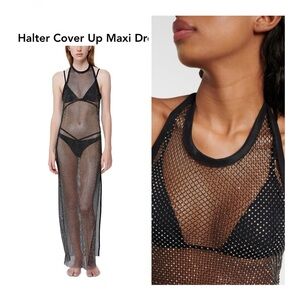 $595 Jonathan Simkhai Inaya Rhinestone Embellished Black Mesh Swim Coverup